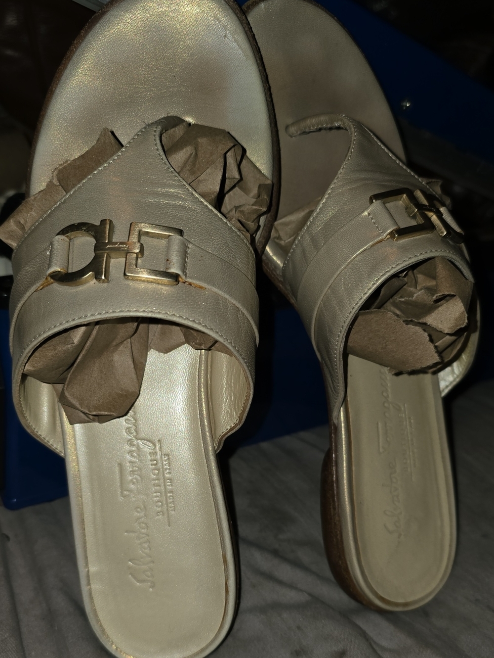 Ferragamo Metallic Gold Thong Sandals with Decorative Buckle